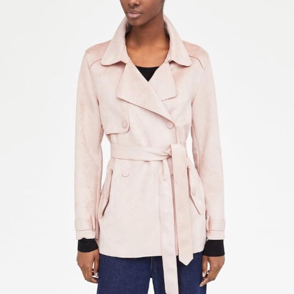 zara faux suede trench coat pink